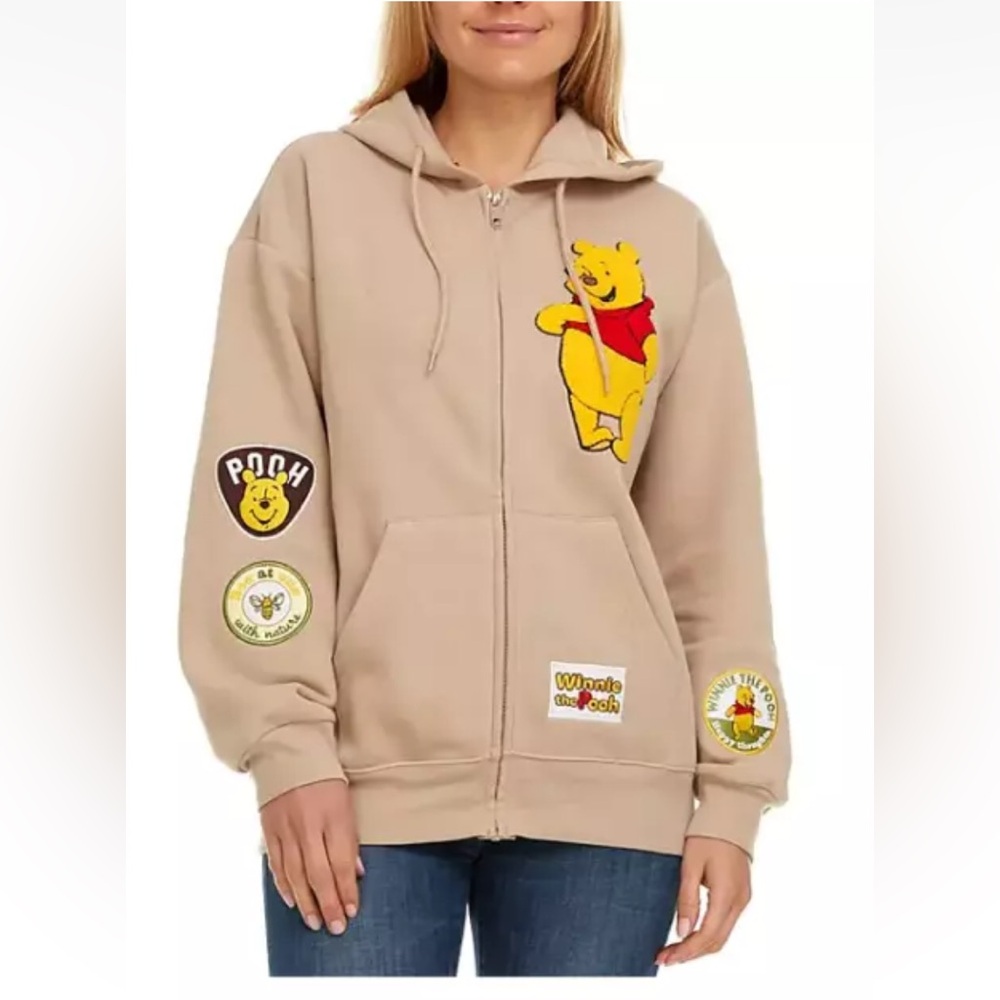 Disney Winnie The Pooh Women's Soft Zip Long Sleeve Hoodie Patches  SIZE Large